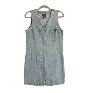 Vintage NY Jeans Sleeveless Denim Dress Size 10  Button Up 90s Western Blue Tie